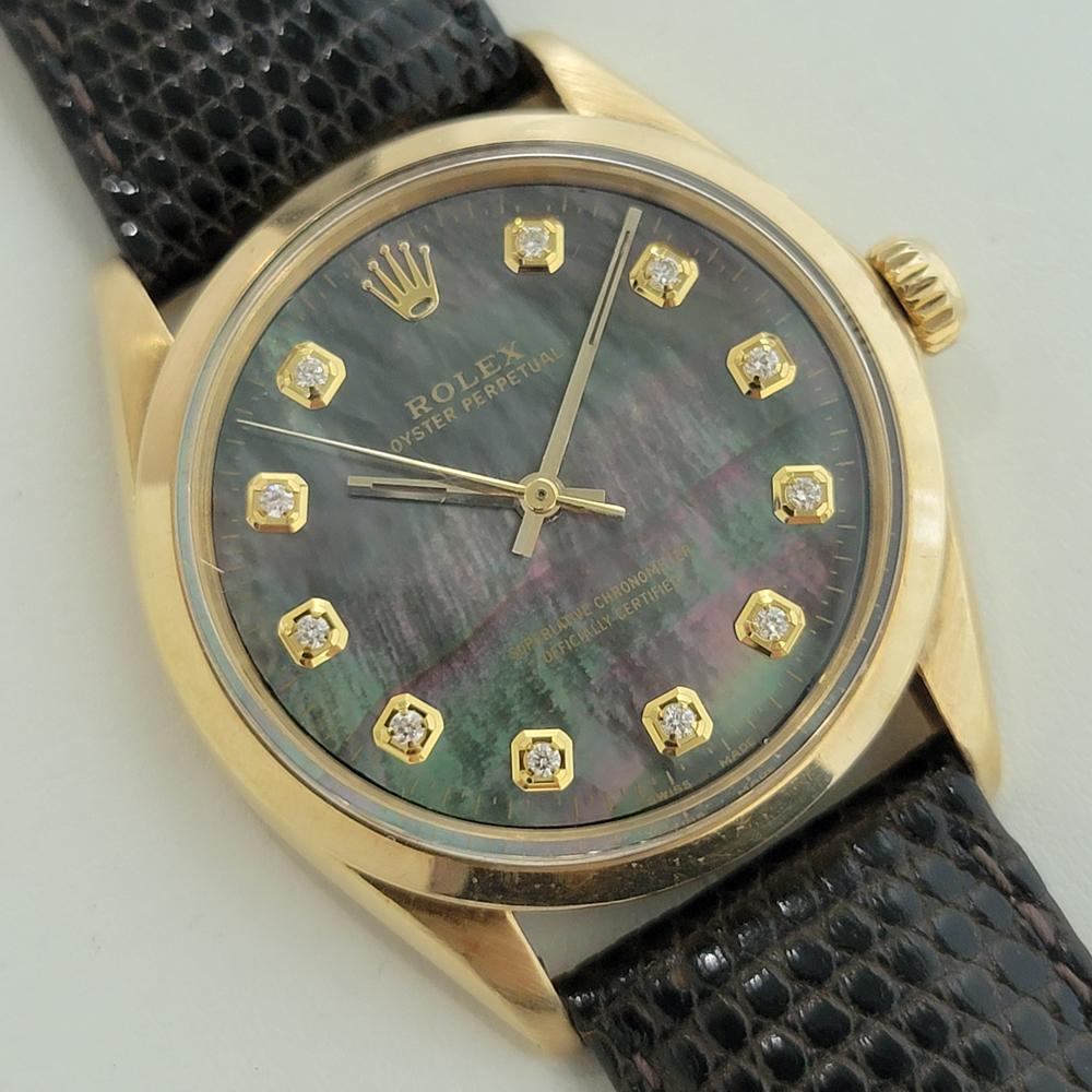 Luxurious classic, Men's 18k solid gold Rolex Ref.1002 Oyster perpetual automatic with mother of pearl diamond dial, c.1960s, in excellent vintage condition. Verified authentic by a master watchmaker. Stunning Rolex signed mother of pearl dial,