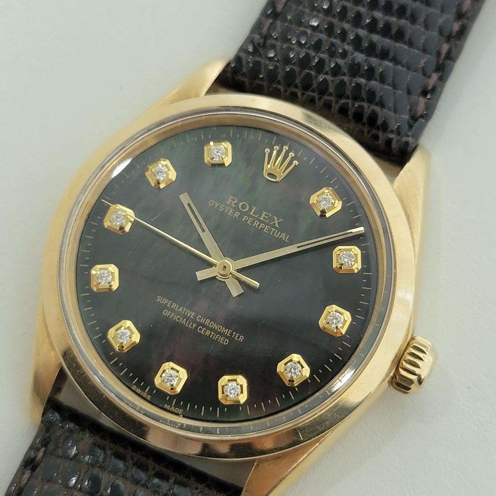 Mens Rolex Oyster Perpetual 1002 34mm 18k Automatic Diamond MOP dial 1960s RA382 In Excellent Condition In Beverly Hills, CA
