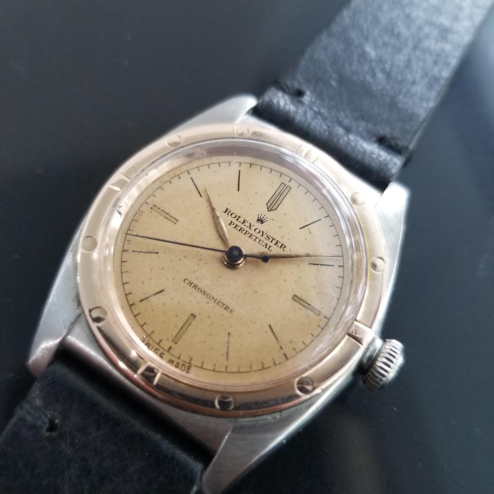 Collectible classic, Men's Rolex Ref.2940 18k rose gold & stainless steel Oyster Perpetual bubble back automatic, c.1945. Verified authentic by a master watchmaker. Gorgeous Rolex signed vintage dial, natural patina on dial, gilt minute and hour