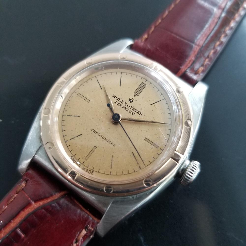 Timeless classic, Men's Rolex 18k rose gold & stainless steel ref.2940 Oyster Perpetual bubble back automatic dress watch, c.1945. Verified authentic by a master watchmaker. Gorgeous Rolex signed original dial, some natural patina on dial and hands,