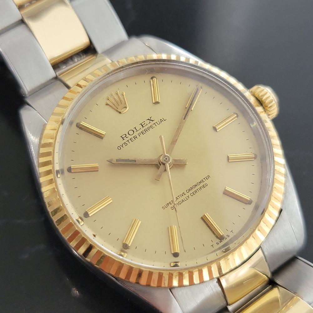 Iconic classic, Men's 14k gold & stainless steel Rolex Oyster Perpetual ref.5500, c.1967, all original. Verified authentic by a master watchmaker. Gorgeous, original Rolex signed gold dial, in excellent vintage condition, applied indice hour