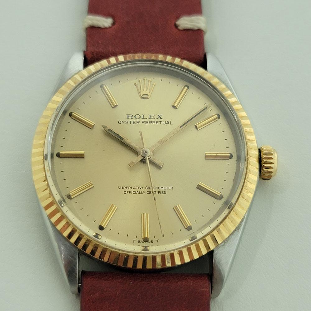 Luxurious classic, Men's 14k gold & stainless steel Rolex Oyster Perpetual ref.5500, c.1967. Verified authentic by a master watchmaker. Gorgeous, original Rolex signed gold dial, in excellent vintage condition, applied indice hour markers, gilt