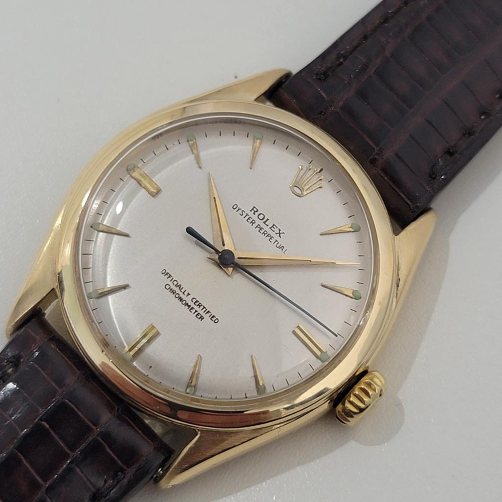 Mens Rolex Oyster Perpetual 6084 18k Solid Gold 34mm Automatic 1950s Swiss RA467 In Excellent Condition In Beverly Hills, CA