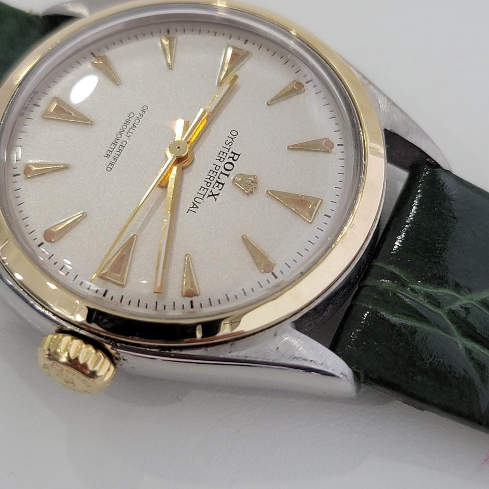Mens Rolex Oyster Perpetual 6085 14k SS Bubbleback Automatic 1950s RA213 In Excellent Condition In Beverly Hills, CA