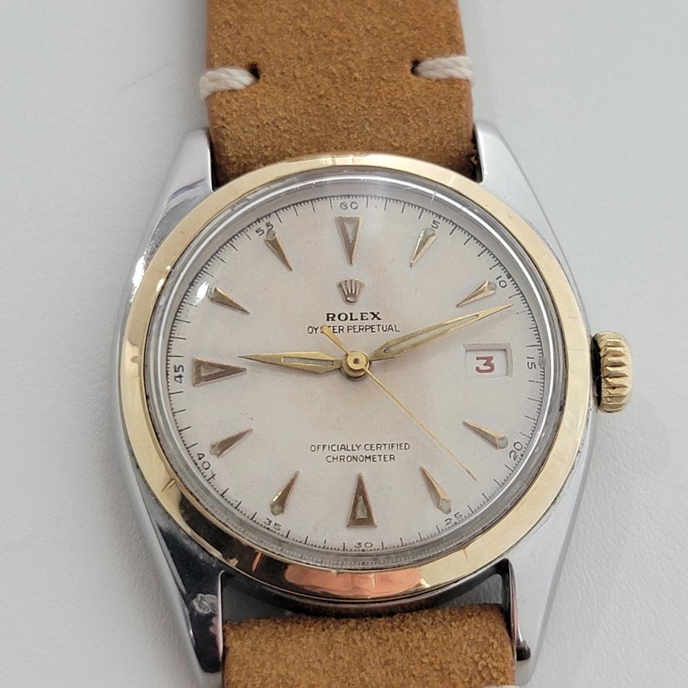 Classic icon, Men's Rolex ref.6105 Oyster Perpetual automatic bubble back dress watch with rare red date, c.1962. Verified authentic by a master watchmaker. Gorgeous Rolex signed tropical dial, applied dagger hour markers, gilt minute and hour