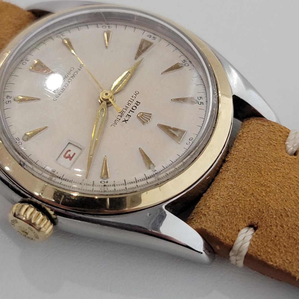 Mens Rolex Oyster Perpetual 6105 18k SS Red Date Automatic 1960s Vintage RA311 In Excellent Condition For Sale In Beverly Hills, CA