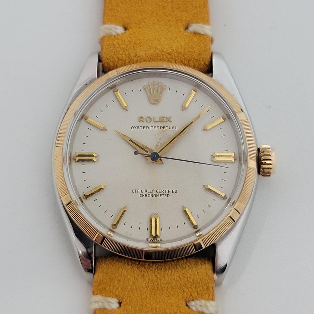 Vintage icon, Men's Rolex Oyster perpetual Ref 6565 14k gold and stainless steel automatic, c.1957. Verified authentic by a master watchmaker. Gorgeous, original unrestored Rolex signed dial, applied indice hour markers, gilt minute and hour hands,