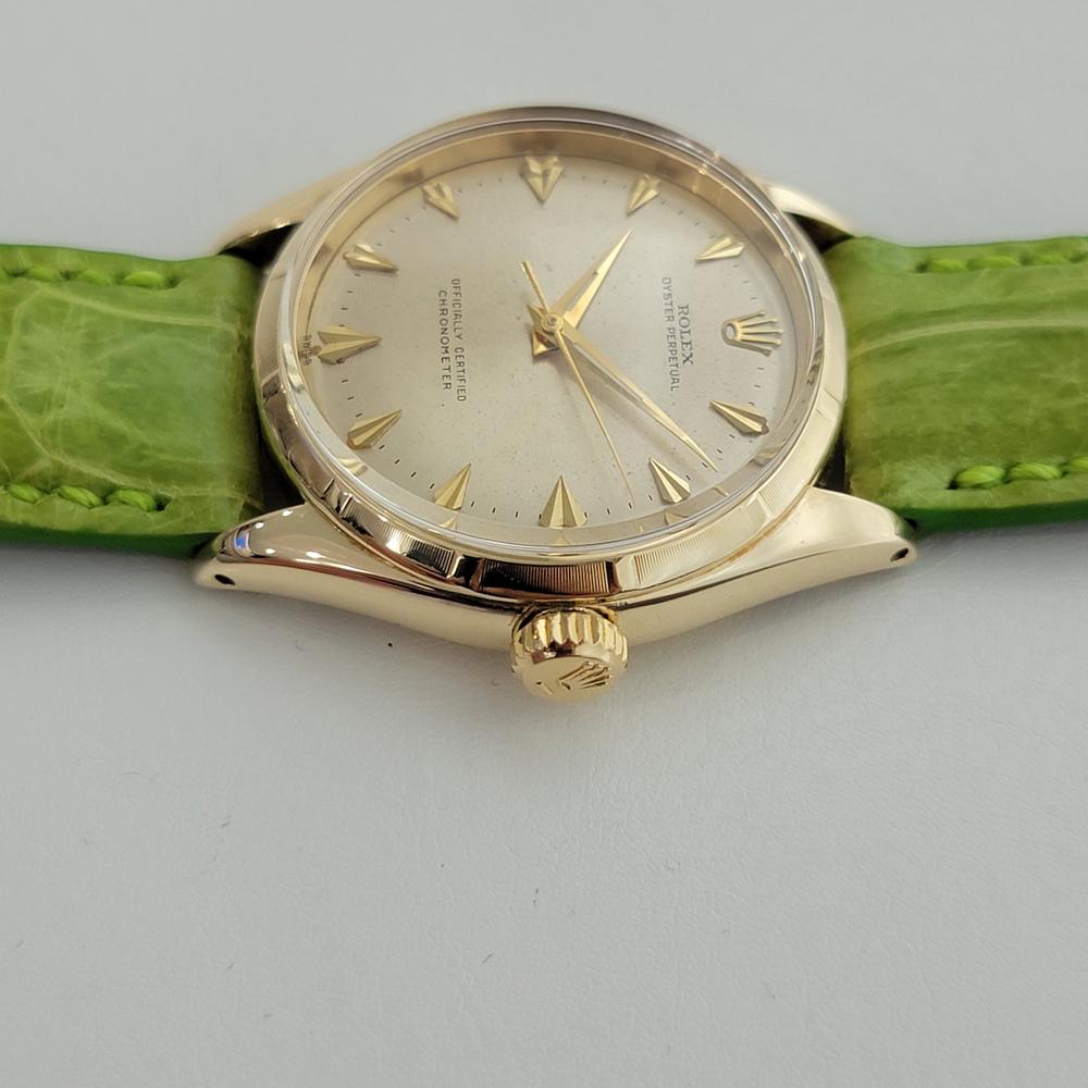 Mens Rolex Oyster Perpetual 6585 14k Gold Automatic 1960s Swiss Vintage RJC162 In Excellent Condition For Sale In Beverly Hills, CA