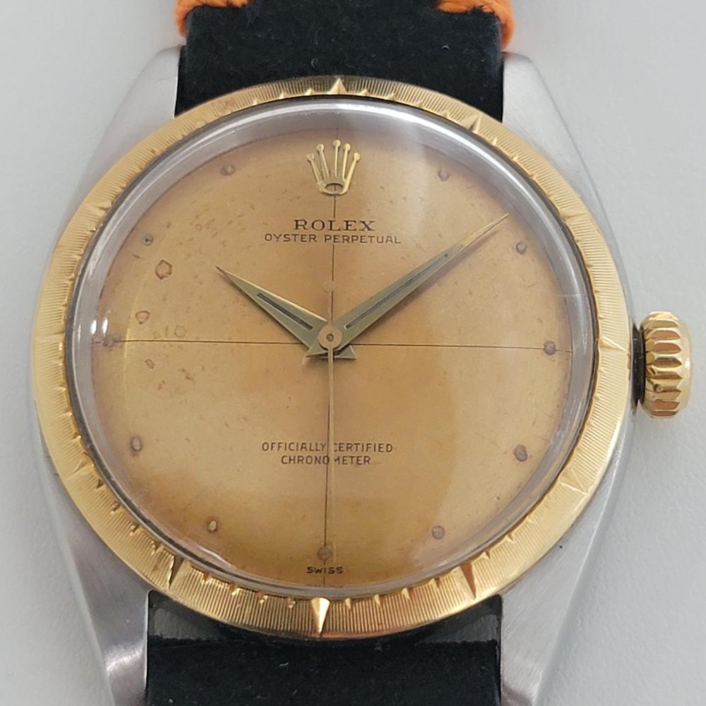 Iconic classic, Men's 14k gold & ss Rolex Oyster perpetual 6592 automatic with gorgeous tropical dial watch, c.1959. Verified authentic by a master watchmaker. Gorgeous Rolex signed tropical quadrant dial, applied droplet hour markers, gilt minute