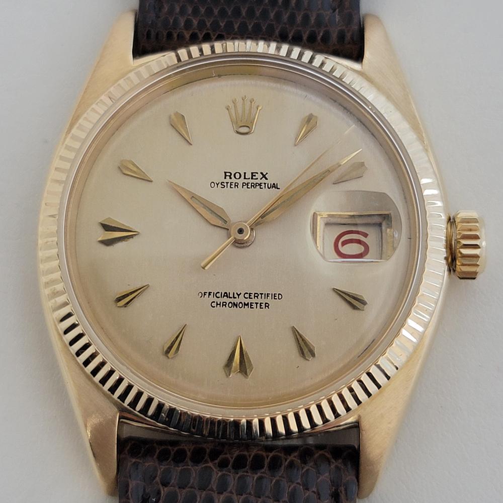 Luxe intemporel, Rolex Oyster Perpetual en or massif 18 carats ref.6605 automatique, c.1959, neuf avec étiquettes Rolex d'origine, en excellent état de marche. Vérifié authentique par un maître horloger. Magnifique cadran en or signé Rolex, index