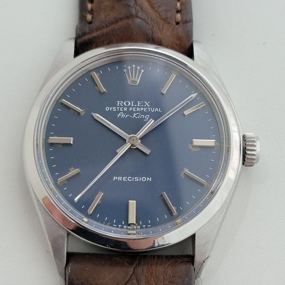 Iconic vintage classic, Men's Rolex Oyster Perpetual Ref 5500 the Air-King automatic, c.1974. Verified authentic by a master watchmaker. Stunning Rolex signed blue dial, applied indice hour markers, lumed minute and hour hands, sweeping central