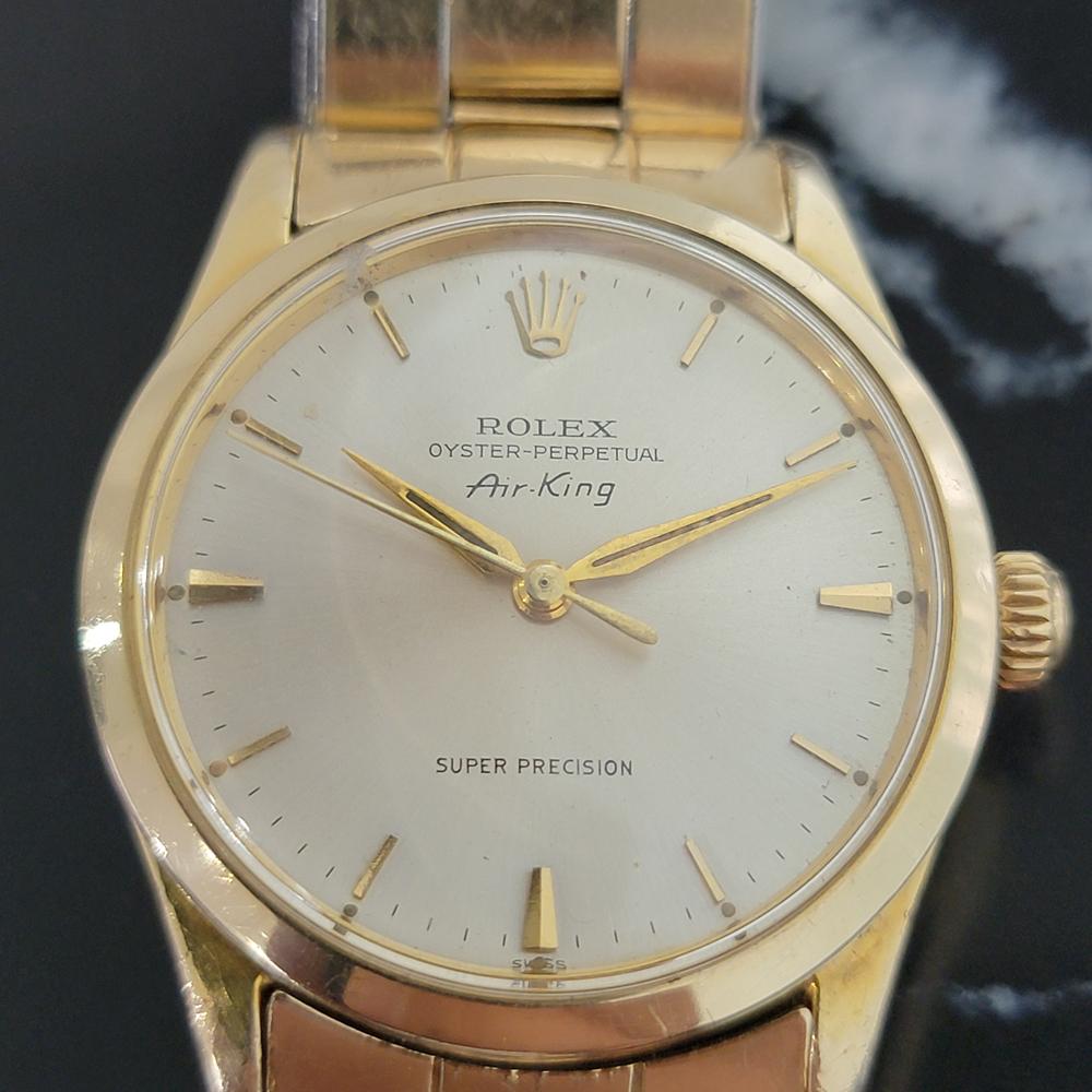 Timeless classic, Men's Rolex Oyster Perpetual Air-King Ref.5506 gold-capped automatic, c.1960. Verified authentic by a master watchmaker. Gorgeous silver Rolex signed dial, applied indice hour markers, gilt minute and hour hands, sweeping central