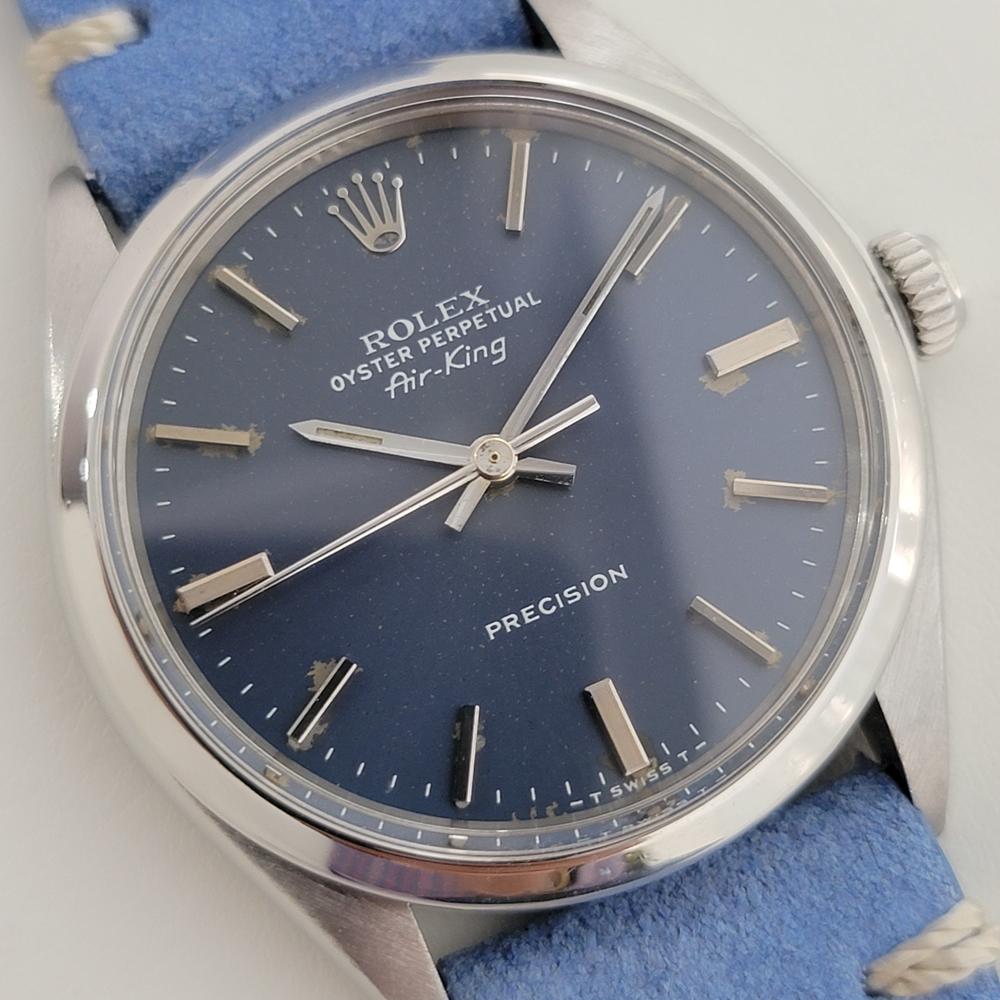 Timeless icon in gorgeous blue, Men's Rolex Oyster Perpetual Air-King 5500 automatic, c.1974. Verified authentic by a master watchmaker. Stunning Rolex signed blue dial, applied indice hour markers, lumed minute and hour hands, sweeping central