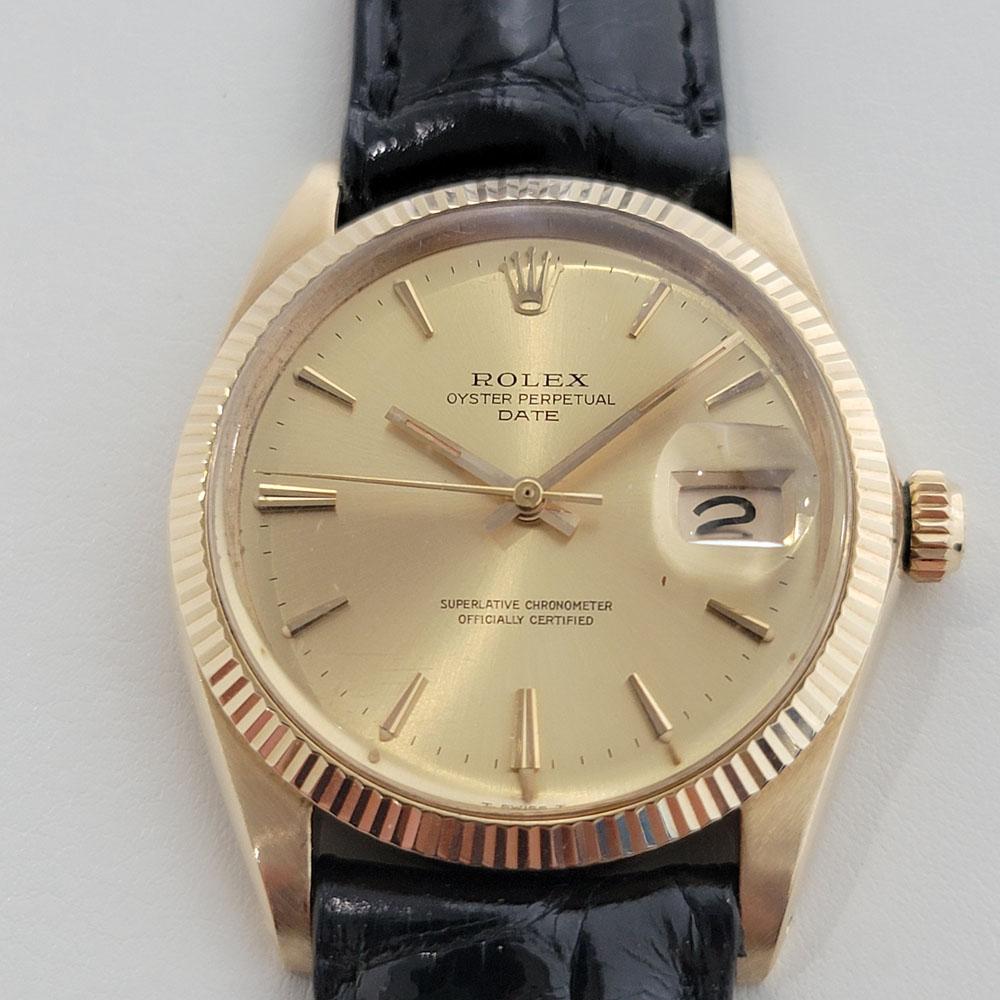 Timeless luxury, Men's Rolex Oyster Perpetual Date ref.1503 solid 14k gold automatic, c.1966. Verified authentic by a master watchmaker. Gorgeous Rolex signed gold dial, applied gold indice hour markers, gilt minute and hour hands, sweeping central