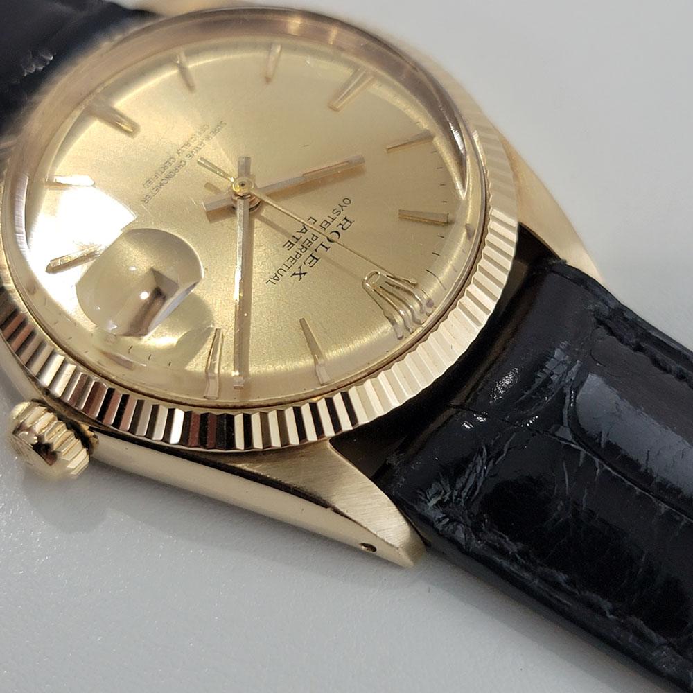 Mens Rolex Oyster Perpetual Date 14k Solid Gold 1503 1960s Automatic RA347 In Excellent Condition For Sale In Beverly Hills, CA