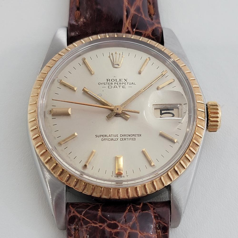Iconic classic, men's 14k gold & stainless steel Rolex Oyster Perpetual Date Ref.1500 automatic, c.1965. Verified authentic by a master watchmaker. Gorgeous original, unrestored Rolex-signed gilt dial, applied indice hour markers, lumed minute and