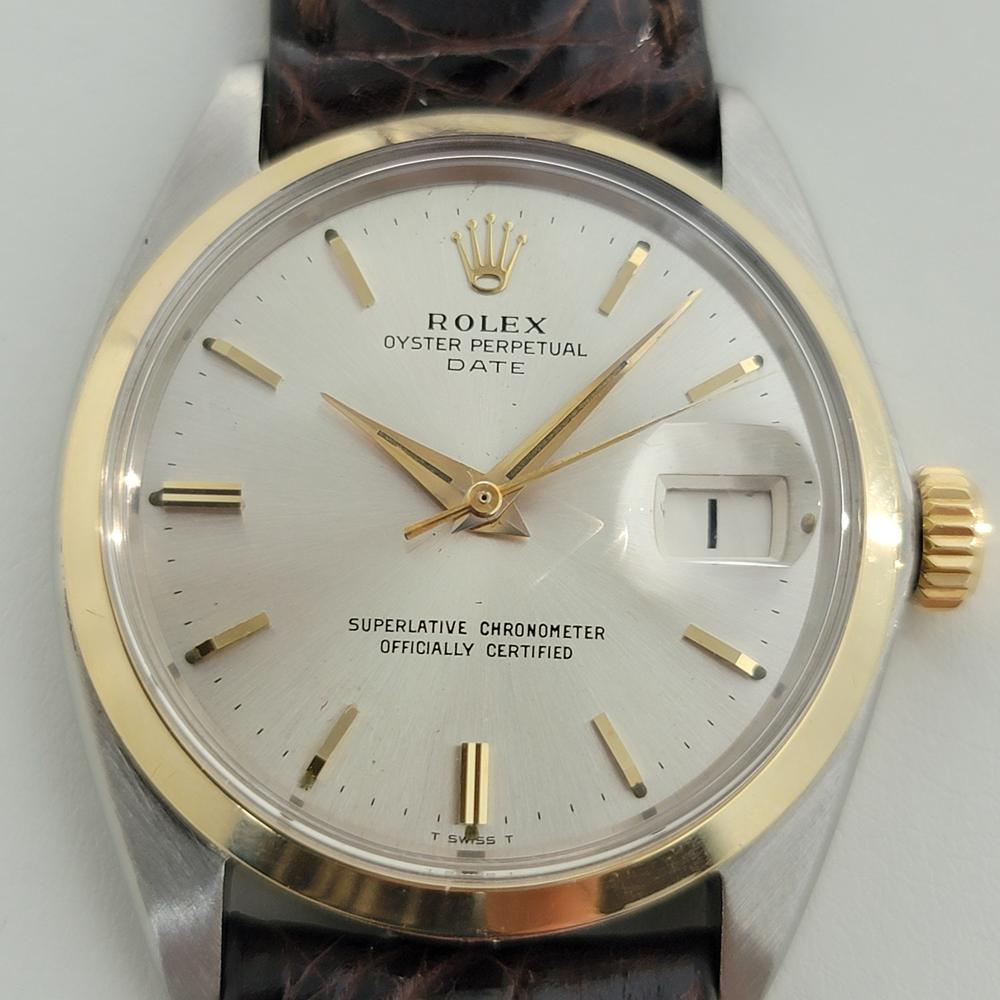 Iconic classic, Men's 14k gold & stainless steel Rolex Oyster Perpetual Date Ref.1500 automatic, c.1964. Verified authentic by a master watchmaker. Gorgeous Rolex-signed silve dial, applied indice hour markers, Dauphine minute and hour hands,