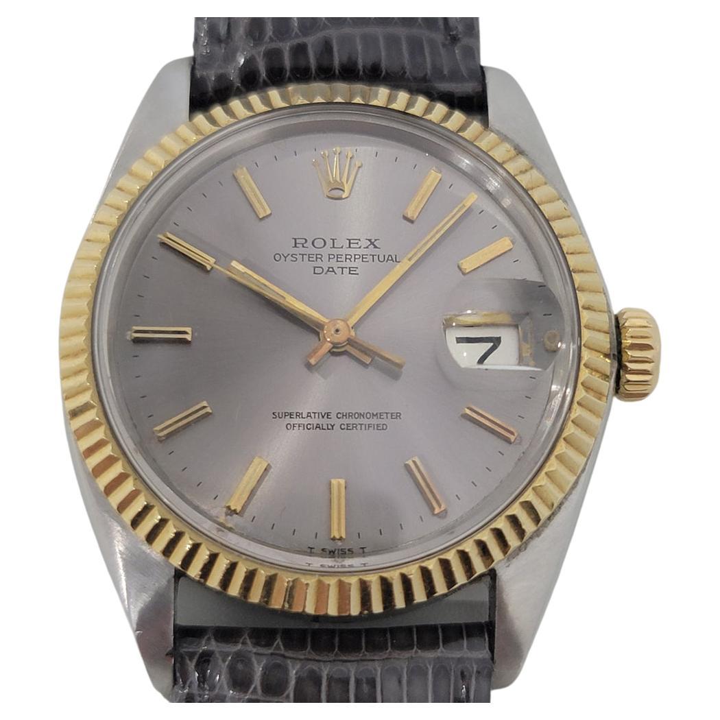 Timeless classic, Men's Rolex Oyster Perpetual Date Ref 1500 automatic with 18k solid gold bezel, c.1968. Verified authentic by a master watchmaker. Gorgeous Rolex signed dial, applied gold indice hour markers, gilt minute and hour hands, sweeping