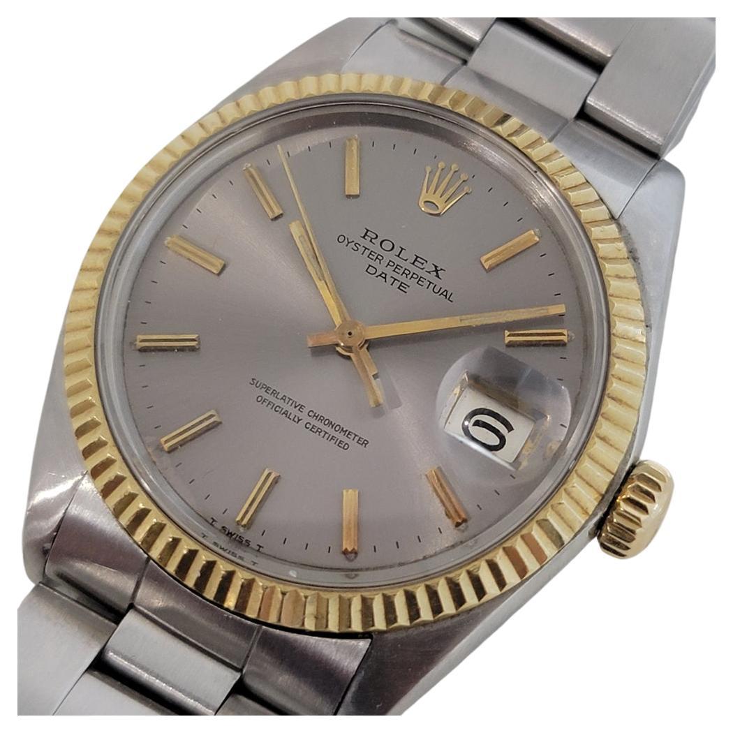 Timeless classic, Men's Rolex Oyster Perpetual Date 1500 automatic with 18k solid gold bezel, c.1968, all original. Verified authentic by a master watchmaker. Gorgeous Rolex signed dial, applied gold indice hour markers, gilt minute and hour hands,