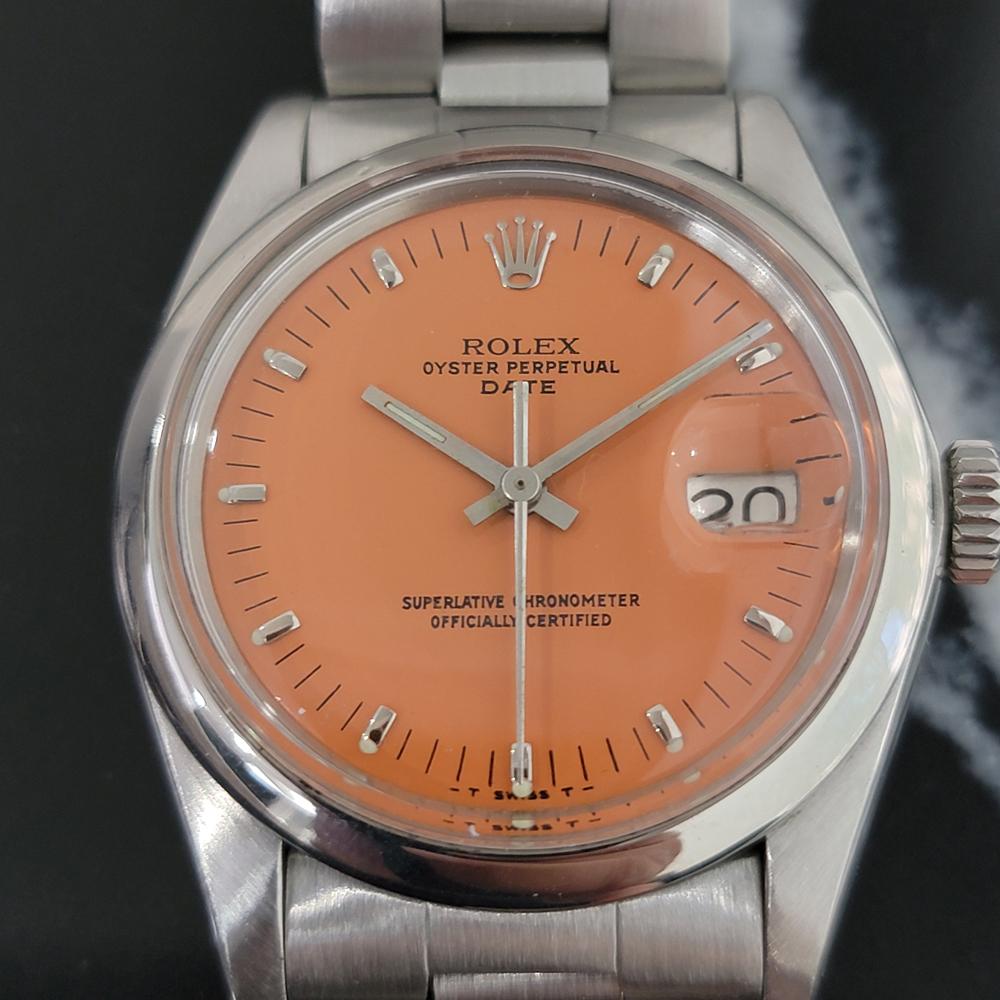 Iconic classic, Men's Rolex Oyster Perpetual Date Ref.1500 automatic in custom orange, c.1978. Verified authentic by a master watchmaker. Original Rolex dial restored in vintage orange to exact specs, applied indice hour markers, lminute and hour