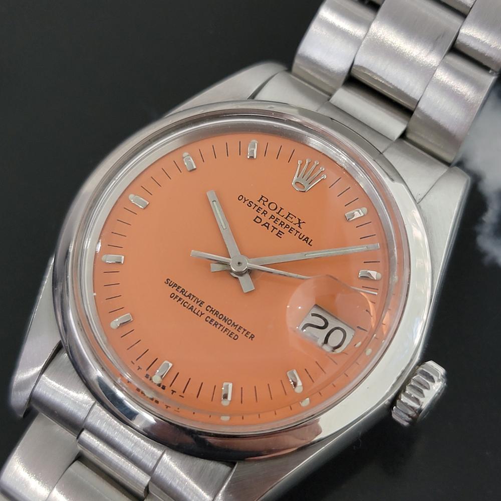Mens Rolex Oyster Perpetual Date 1500 1970s Orange Dial Automatic RA175 In Excellent Condition In Beverly Hills, CA