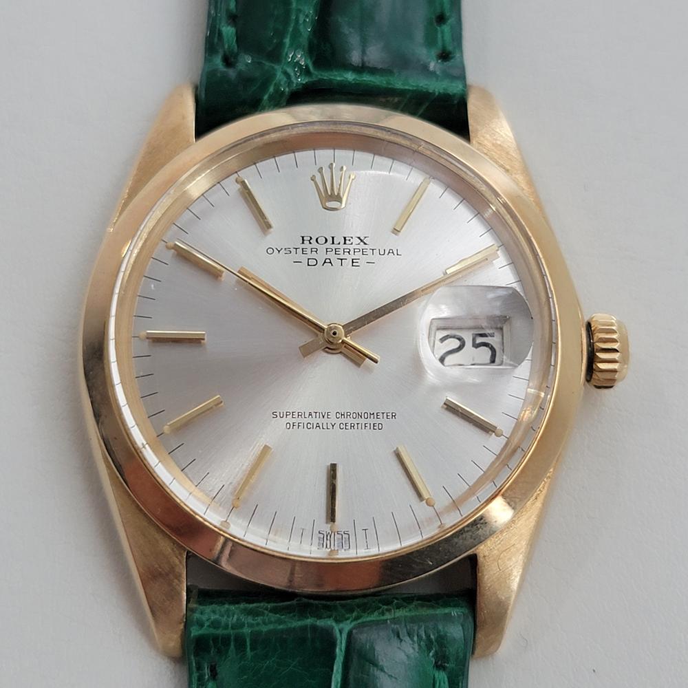 Timeless iconic classic, Men's 18k solid gold Rolex Oyster Perpetual Date Ref 1500 automatic, c.1960s, in pristine vintage condition. Verified authentic by a master watchmaker. Gorgeous Rolex signed silver dial, applied gold indice hour markers,