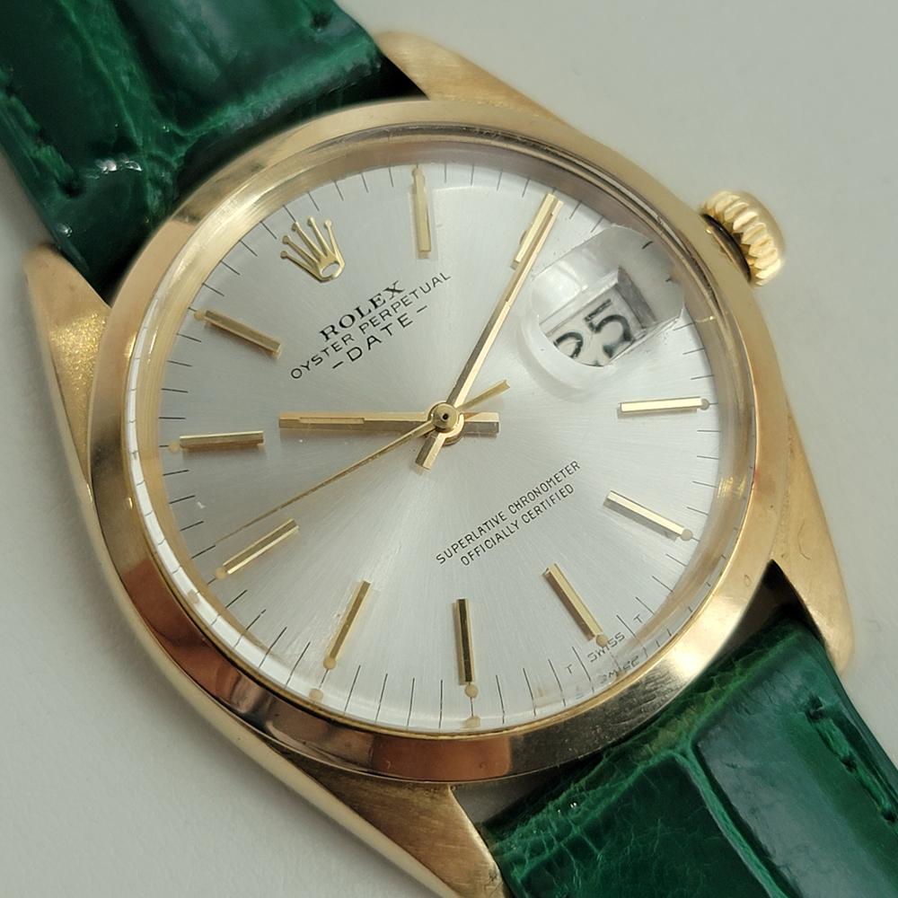 Mens Rolex Oyster Perpetual Date 1500 34mm 18k Gold Automatic 1960s Swiss RA411G In Excellent Condition In Beverly Hills, CA