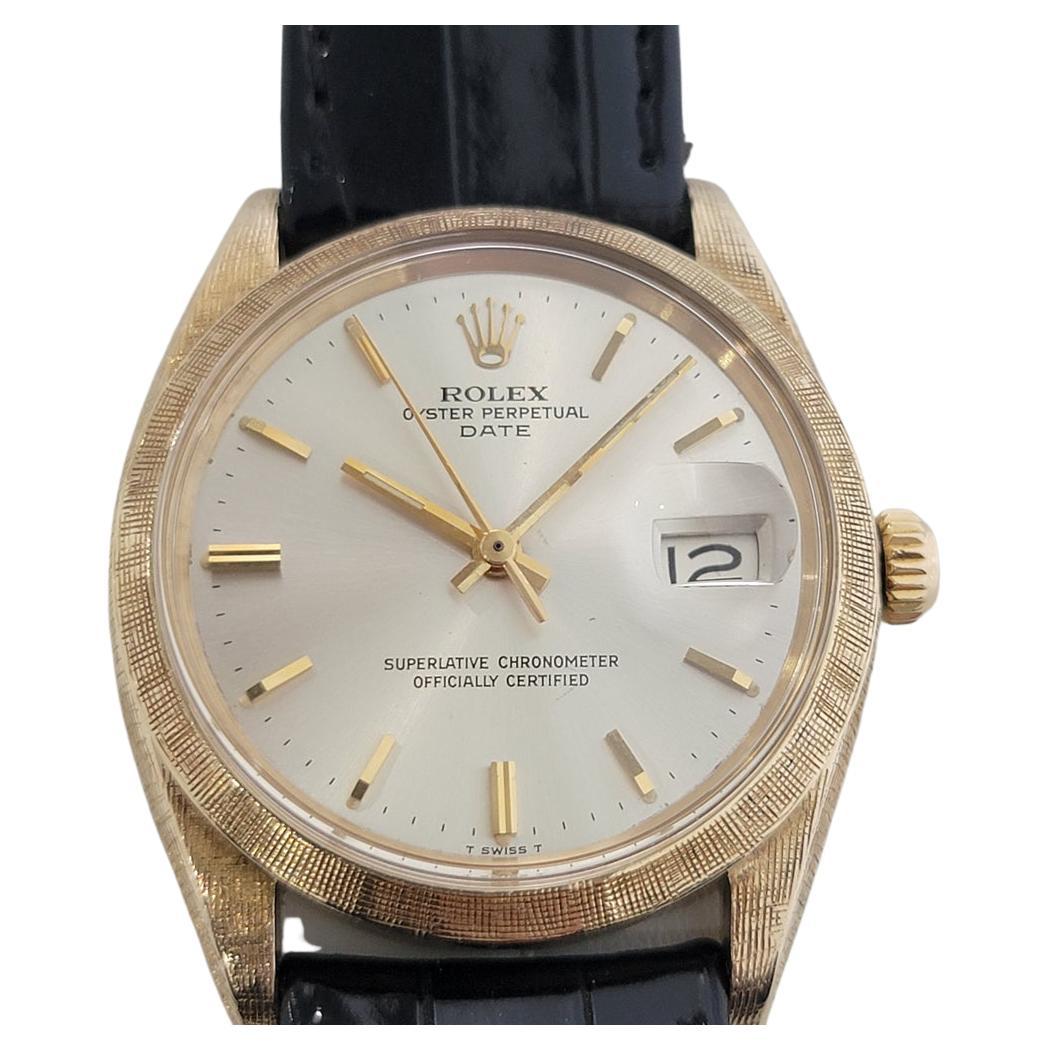 Iconic classic, rare Men's solid 14k gold Rolex Oyster Perpetual Date Ref.1500 automatic, c.1968, all original. Verified authentic by a master watchmaker. Gorgeous Rolex-signed silver dial, applied indice hour markers, gilt minute and hour hands,