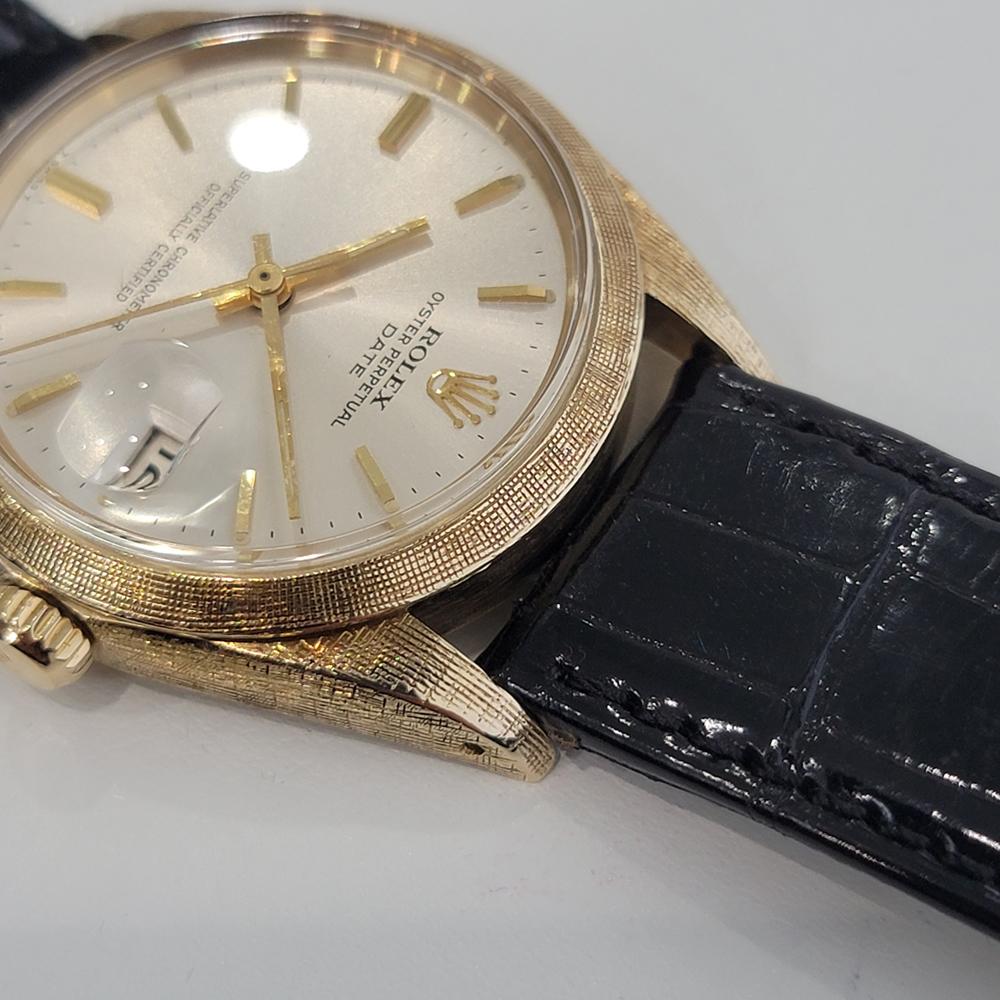 Mens Rolex Oyster Perpetual Date 1500 35mm 14K Gold 1960s Automatic Swiss RA267 In Excellent Condition For Sale In Beverly Hills, CA