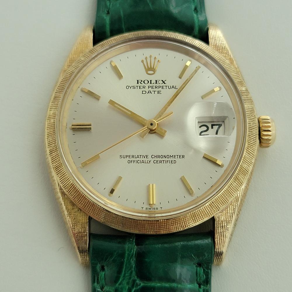 Gorgeous vintage classic, rare Men's solid 14k gold Rolex 1500 Oyster Perpetual Date automatic with etched case, c.1960s. Verified authentic by a master watchmaker. Gorgeous Rolex-signed silver dial, applied indice hour markers, gilt minute and hour