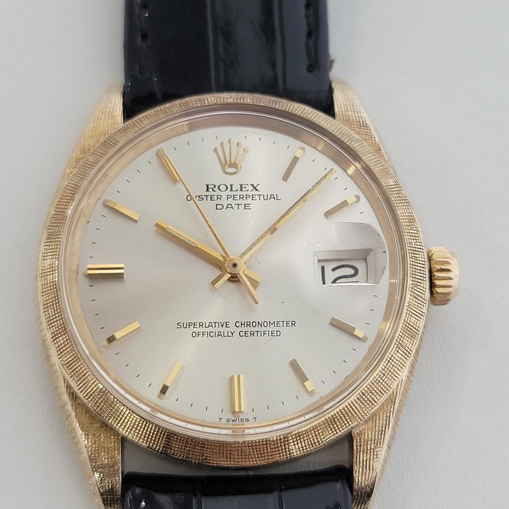 Iconic classic, rare Men's solid 14k gold Rolex Oyster Perpetual Date Ref.1500 automatic, c.1968, all original. Verified authentic by a master watchmaker. Gorgeous Rolex-signed silver dial, applied indice hour markers, gilt minute and hour hands,