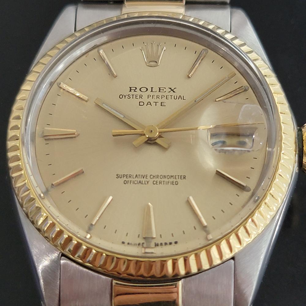 Timeless classic, Men's Rolex Oyster Perpetual Date 1500 automatic with 14k solid gold bezel, c.1969, all original. Verified authentic by a master watchmaker. Gorgeous Rolex signed gold dial, applied gold indice hour markers, gilt minute and hour