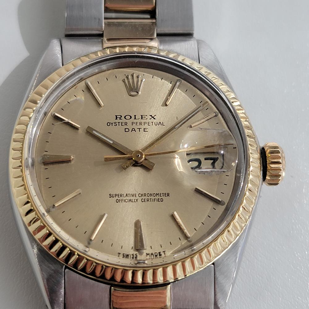 Timeless classic, Men's Rolex Oyster Perpetual Date Ref 1500 automatic with 14k solid gold bezel, c.1969, all original. Verified authentic by a master watchmaker. Gorgeous Rolex signed gold dial, applied gold indice hour markers, gilt minute and