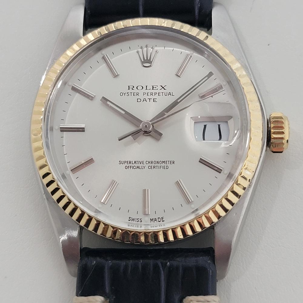 Clásico icónico, Rolex Oyster Perpetual Date Ref 1500 automático de hombre de oro de 14 quilates y acero inoxidable, c.1978, en excelente estado de funcionamiento. Verificado auténtico por un maestro relojero. Preciosa esfera plateada firmada por