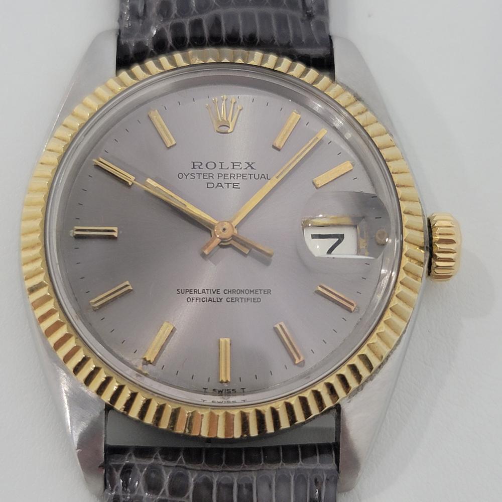 Timeless classic, Men's Rolex Oyster Perpetual Date Ref 1500 automatic with 18k solid gold bezel, c.1968. Verified authentic by a master watchmaker. Gorgeous Rolex signed dial, applied gold indice hour markers, gilt minute and hour hands, sweeping