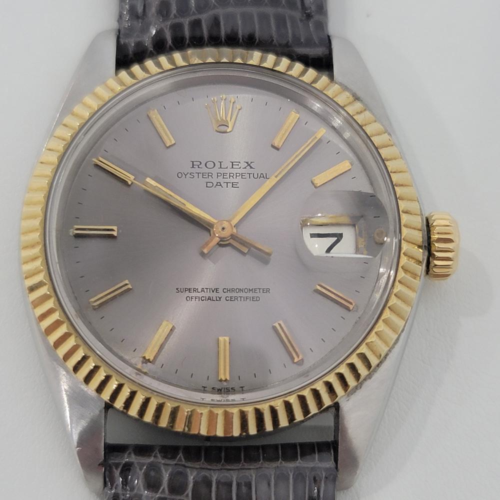 Zeitloser Klassiker, Rolex Oyster Perpetual Date Ref 1500 Automatik Herrenuhr mit Lünette aus 18k Massivgold, um 1968. Von einem Uhrmachermeister für echt befunden. Wunderschönes, signiertes Rolex-Zifferblatt, aufgesetzte goldene Indexe, vergoldete