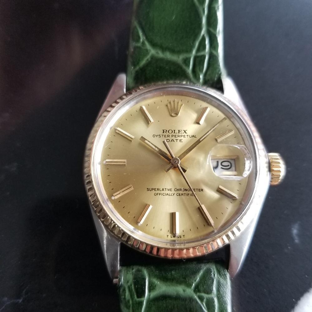 Iconic classic, men's 18k gold & stainless steel Rolex Oyster Perpetual Date Ref.1500 automatic, c.1970. Verified authentic by a master watchmaker. Gorgeous unrestored, original Rolex-signed gilt dial, applied indice hour markers, lumed minute and