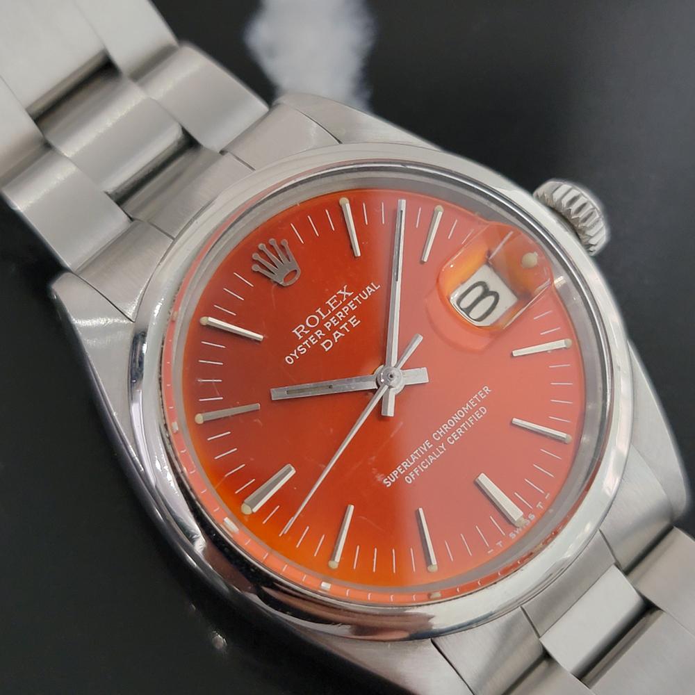 Timeless classic in radiant custom orange dial, Men's Rolex Oyster Perpetual Date Ref.1500 automatic, c.1967. Verified authentic by a master watchmaker. Original Rolex dial restored in vintage orange to exact specs, applied indice hour markers,