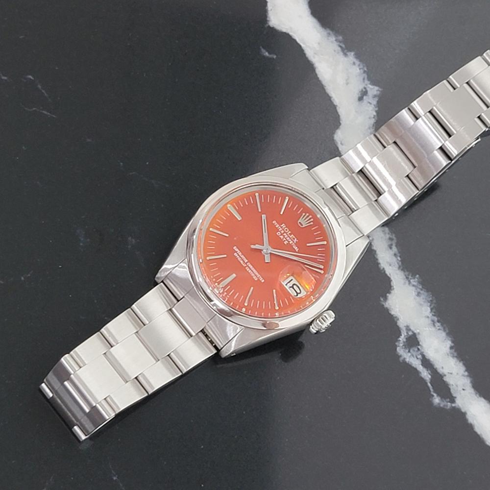 Mens Rolex Oyster Perpetual Date 1500 Automatic 1960s Custom Orange RA176 In Excellent Condition In Beverly Hills, CA