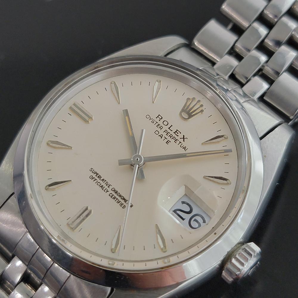 Timeless icon, Men's Rolex Oyster Perpetual Date Ref.1500 automatic, c.1961, all original. Verified authentic by a master watchmaker. Gorgeous original Rolex-signed creamy white dial, applied indice hour markers, lumed minute and hour hands,