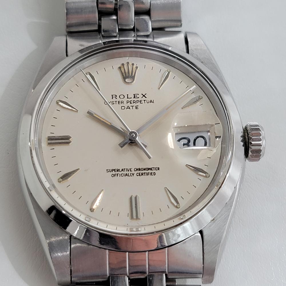Timeless icon, Men's Rolex Oyster Perpetual Date Ref.1500 automatic, c.1961, all original. Verified authentic by a master watchmaker. Gorgeous original Rolex-signed creamy white dial, applied indice hour markers, lumed minute and hour hands,