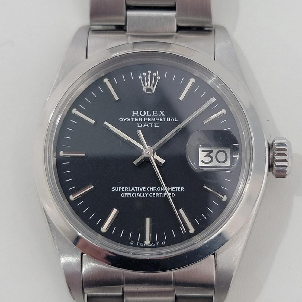 Timeless classic, Men's all-stainless steel Rolex Oyster Perpetual Date 1500 automatic, c.1976, all original, in excellent working condition. Verified authentic by a master watchmaker. Gorgeous Rolex signed black dial, applied baton indice hour