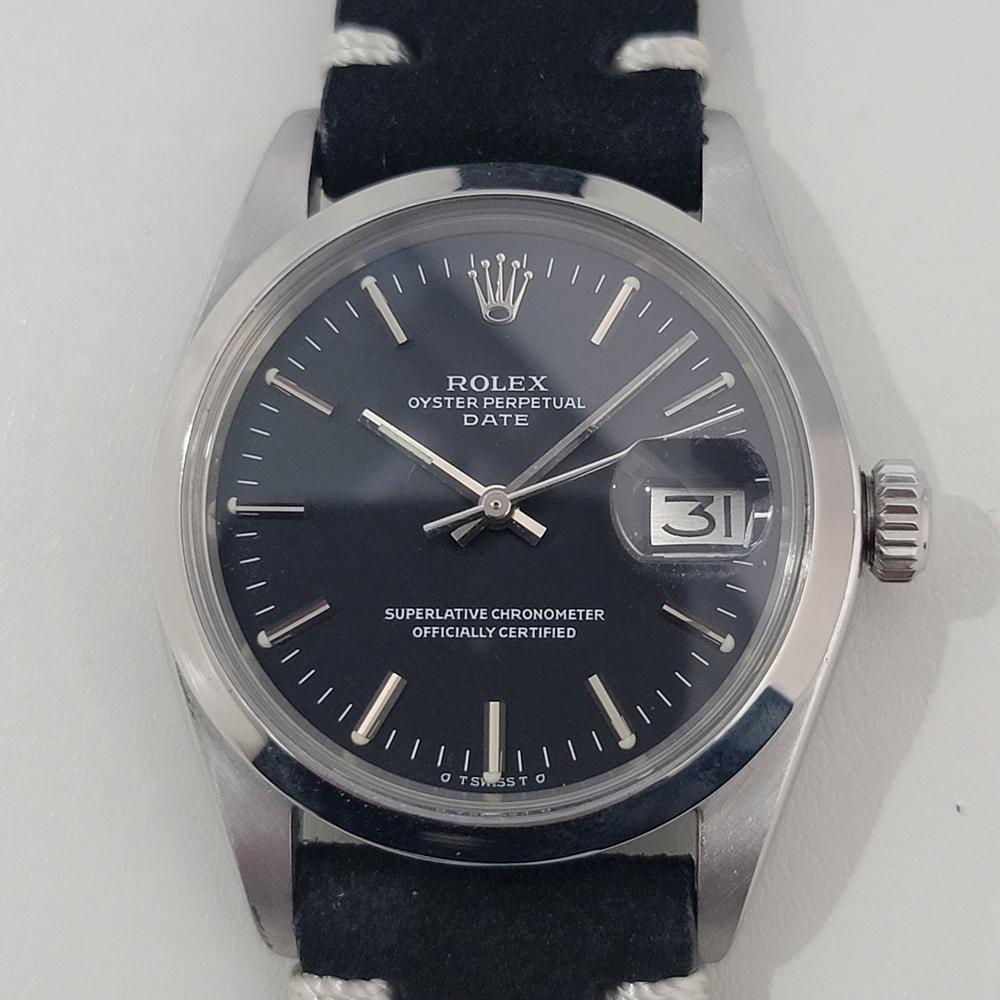 Timeless icon, Men's Rolex Oyster Perpetual Date 1500 automatic, c.1976, in excellent working condition. Verified authentic by a master watchmaker. Gorgeous Rolex signed black sigma dial, applied baton indice hour markers, silver minute and hour