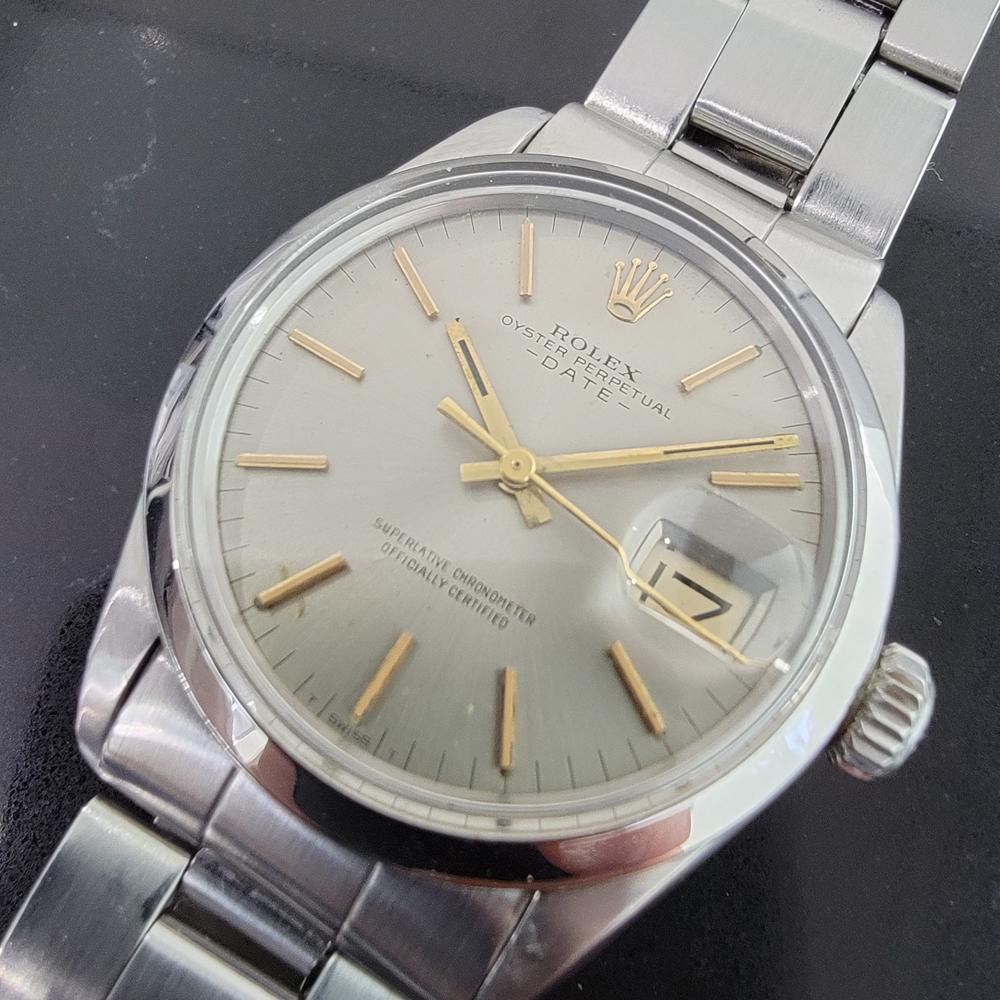 Timeless classic, men's Rolex Oyster Perpetual Date 1500 automatic, c.1972, all original, with Rolex pouch. Verified authentic by a master watchmaker. Gorgeous Rolex signed silver dial, applied silver indice hour markers, silver minute and hour