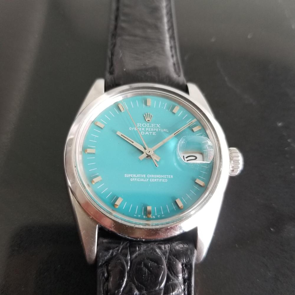 Ikonischer Klassiker in Himmelblau, Rolex Oyster Perpetual Date Ref.1500 Automatik für Herren, um 1966. Von einem Uhrmachermeister für echt befunden. Wunderschönes, originales, von Rolex signiertes Zifferblatt, restauriert in Himmelblau, aufgesetzte