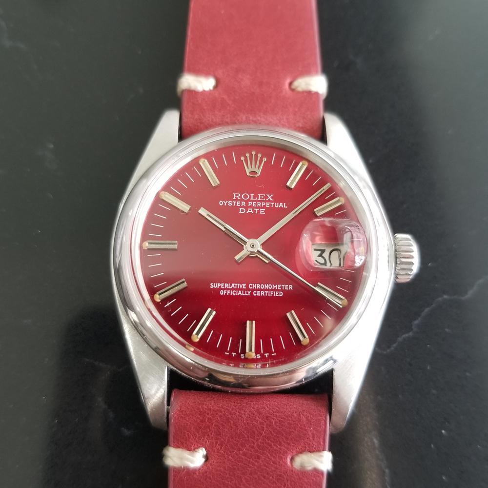 Stunning classic icon, Men's Rolex Oyster Perpetual Date Ref.1500 automatic in red, c.1979. Verified authentic by a master watchmaker. Stunning Rolex-signed red dial, original dial restored in custom red to exact specification, applied indice hour