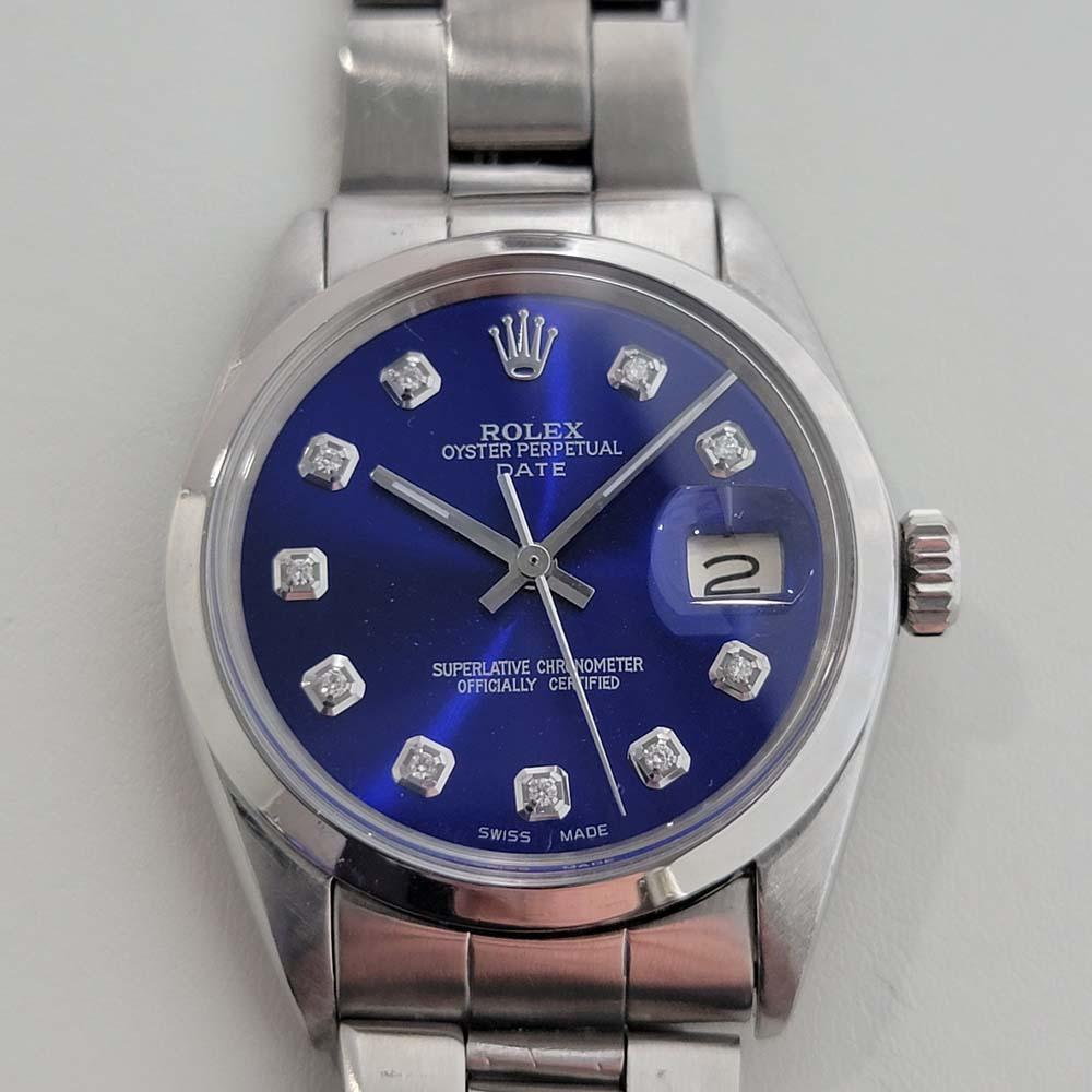 Timeless classic, Men's Rolex Oyster Perpetual Date Ref 1500 automatic, c.1971. Verified authentic by a master watchmaker. Stunning rich blue Rolex dial, applied diamond hour markers, lumed silver minute and hour hands, sweeping central second hand,