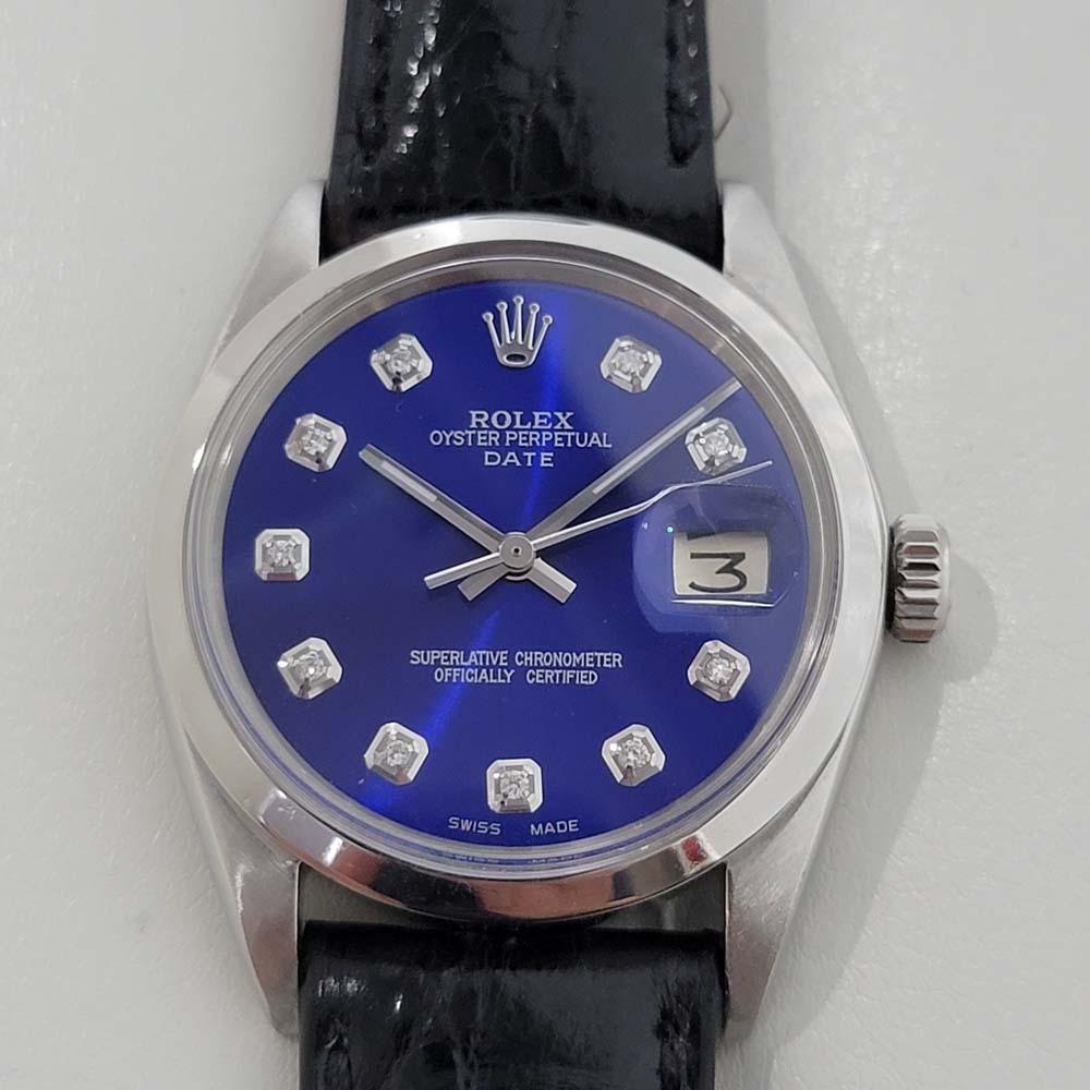 Stunning classic, Men's Rolex Oyster Perpetual Date Ref 1500 automatic in blue, c.1970s. Verified authentic by a master watchmaker. Gorgeous deep blue Rolex dial, applied diamond hour markers, lumed silver minute and hour hands, sweeping central