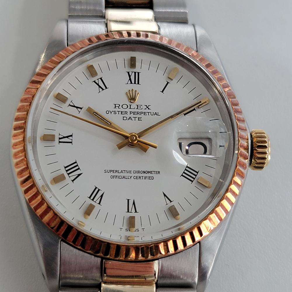 Timeless classic, Men's Rolex Oyster Perpetual Date 1500 automatic with rare rose gold bezel combination, c.1970, all original. Verified authentic by a master watchmaker. Gorgeous Rolex signed white dial, applied gold indice and printed Roman