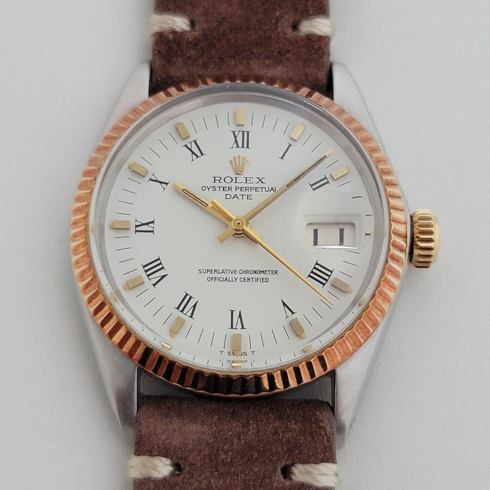 Timeless classic, Men's Rolex Oyster Perpetual Date 1500 automatic with rare rose gold bezel combination, c.1970. Verified authentic by a master watchmaker. Gorgeous Rolex signed white dial, applied gold indice and printed Roman numeral hour